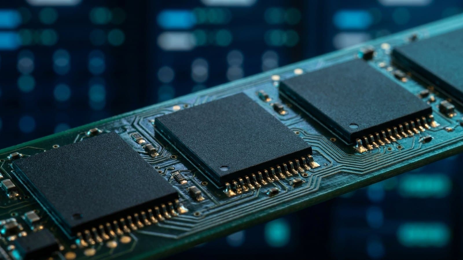 Extreme close-up of NAND flash memory chips on a green data-center storage circuit board under cool blue lighting, representing SanDisk's flash-memory business and the AI-driven storage demand behind its 2026 Investor Day rally.