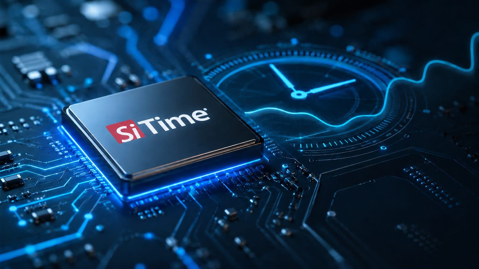 SiTime-branded timing chip on a dark circuit board beside a glowing clock face, illustrating precision timing in semiconductors.