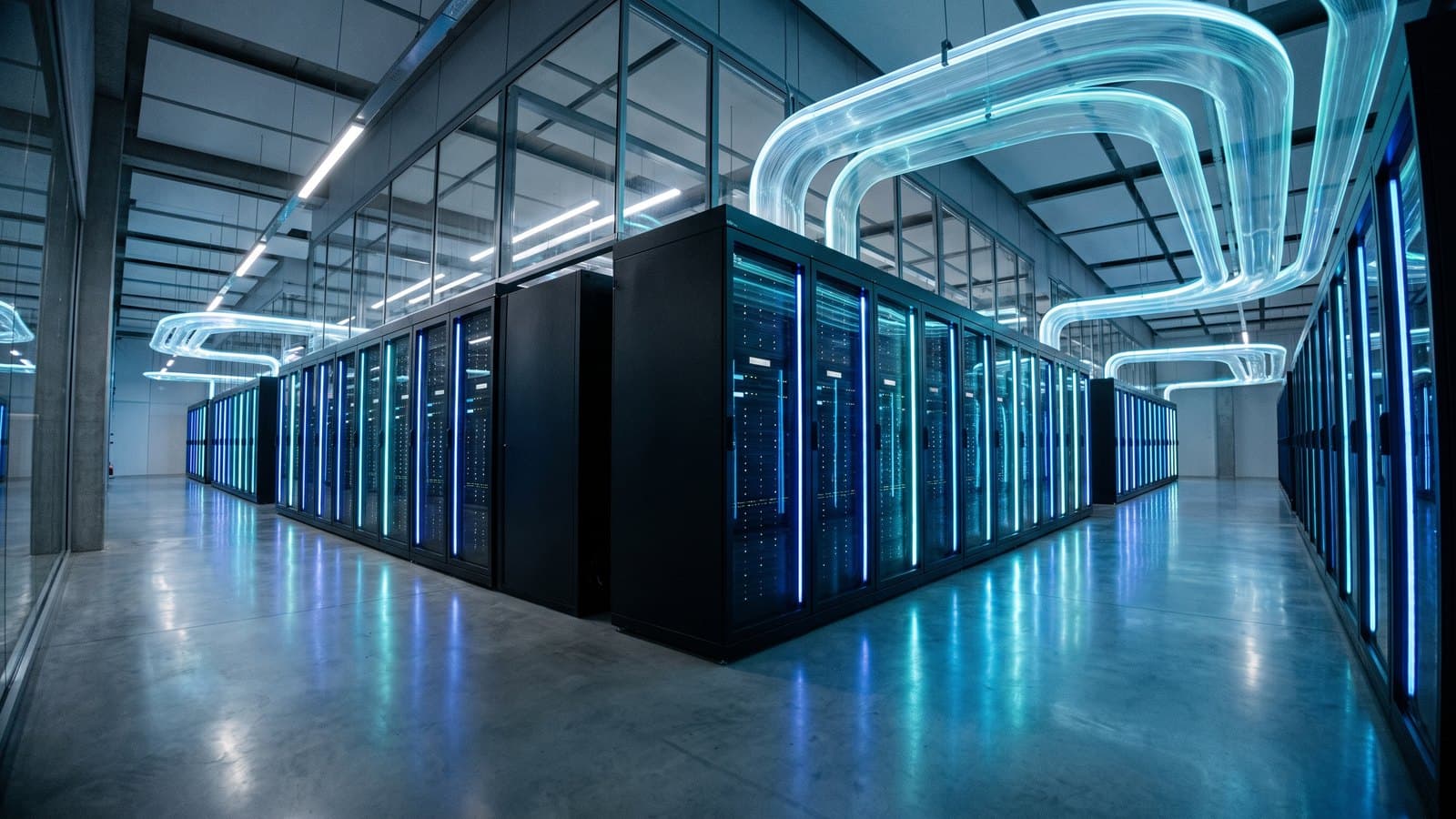 An abstract visualization of a large-scale cloud data center with glowing blue server racks and flowing streams of data, representing Snowflake's cloud data platform.
