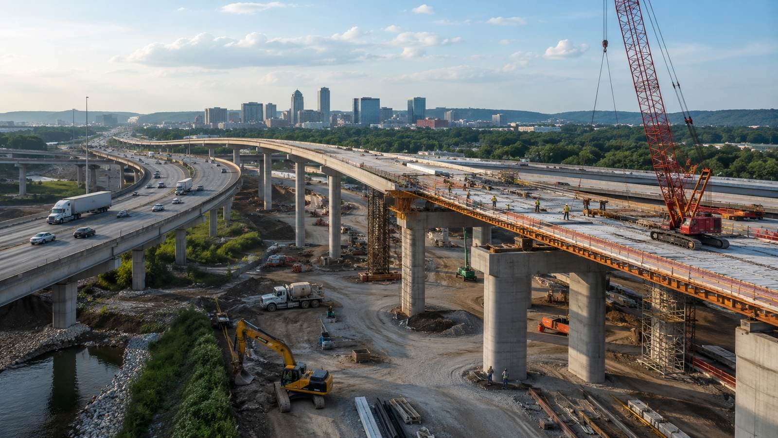 Elevated highway interchange under construction with cranes and heavy equipment, city skyline in the background.