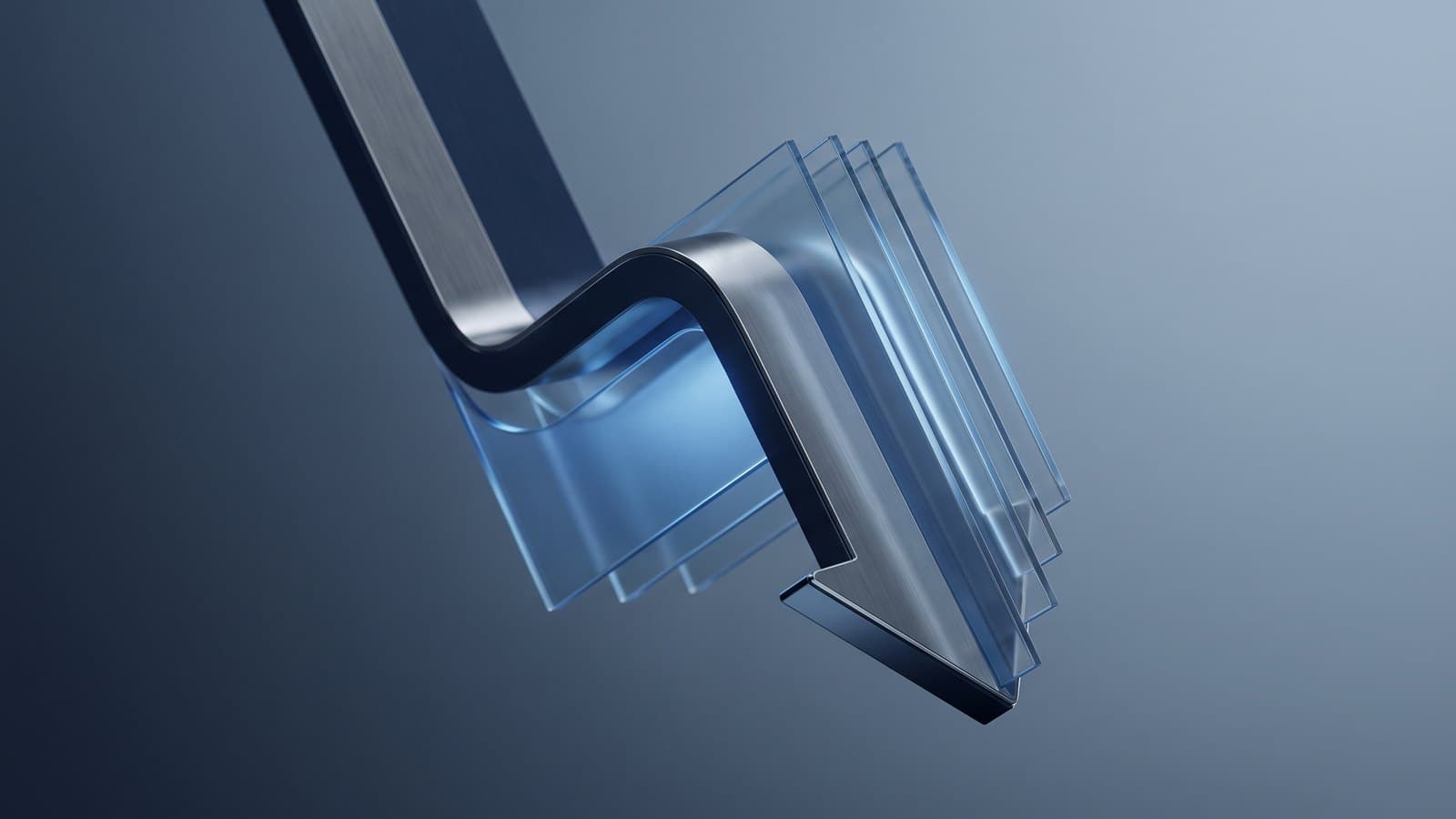 An abstract visualization of a downward-pointing metallic arrow with multiplying translucent glass planes on a deep-blue background, representing a declining stock and share dilution from Sysco's equity offering.