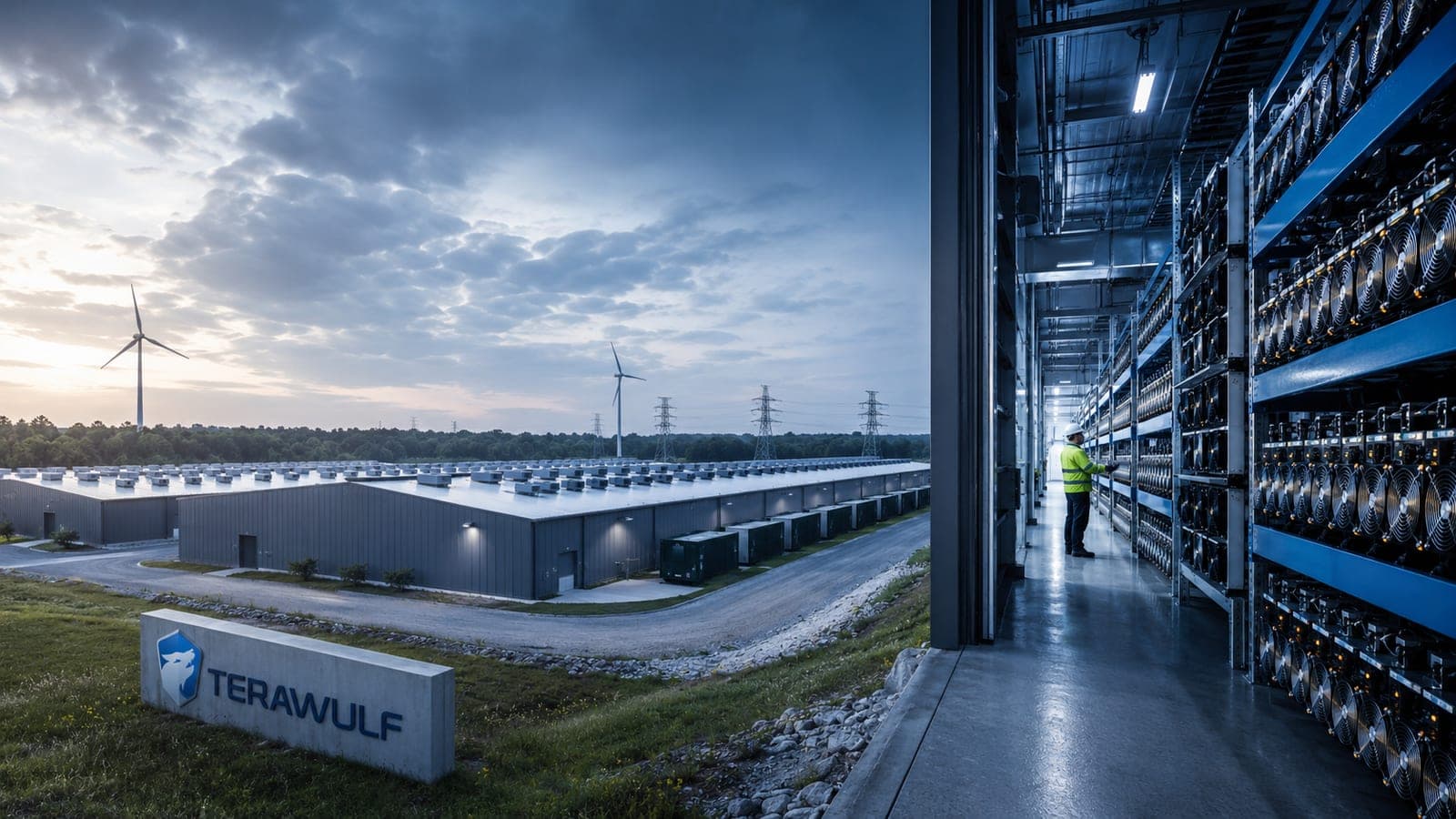 TeraWulf-branded data center campus at dusk with wind turbines and transmission lines outside, and rows of high-density computing racks with a technician inside.
