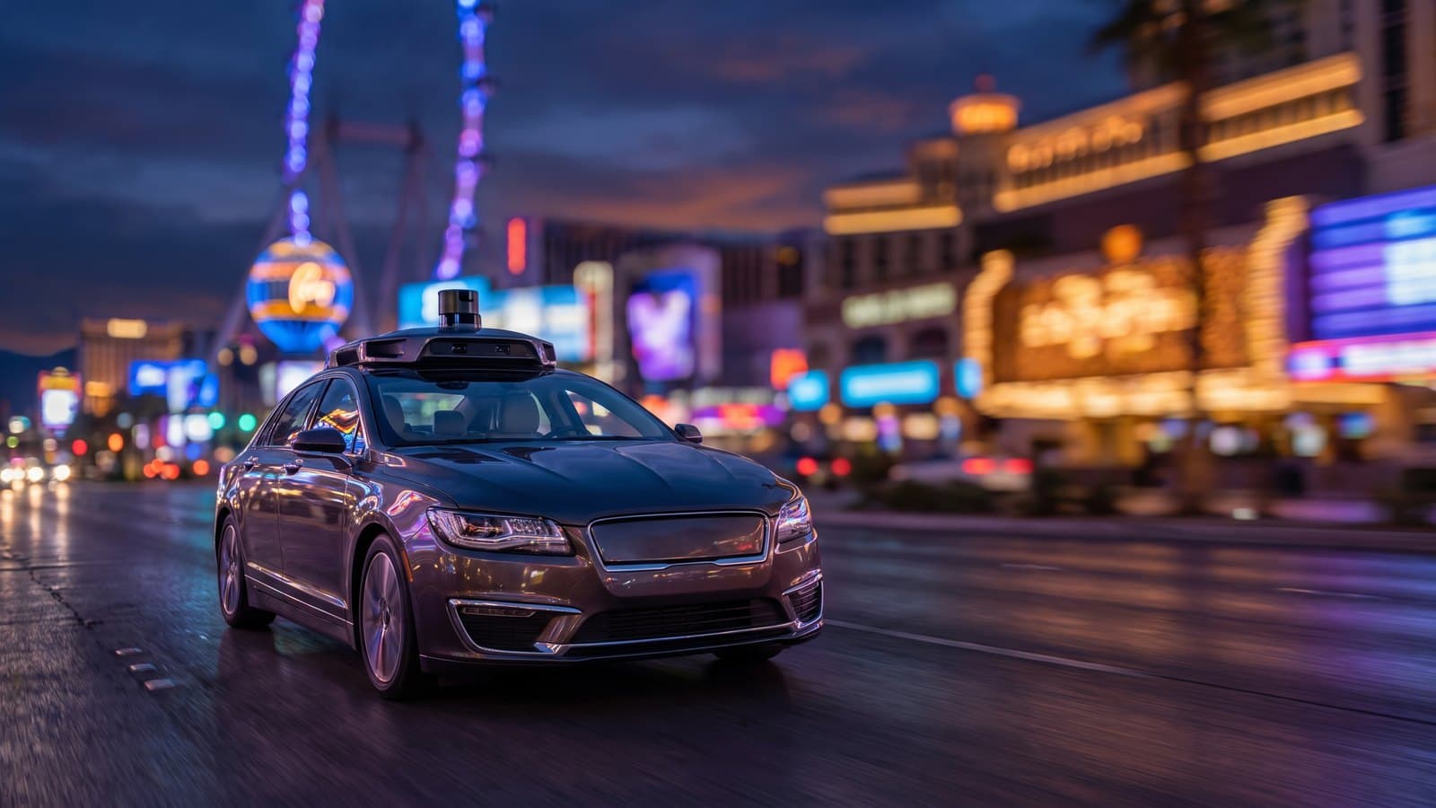 A driverless electric robotaxi with rooftop sensors moving through a neon-lit Las Vegas street at dusk, representing Nevada's approval of commercial robotaxi service.