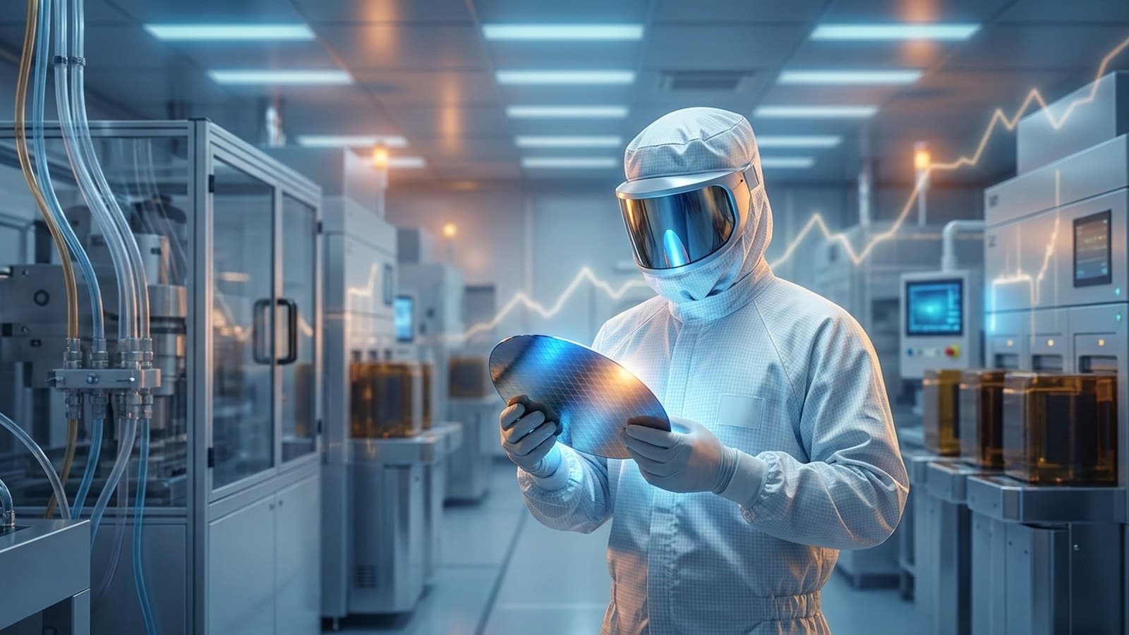 Editorial illustration of a semiconductor cleanroom and wafer-fab equipment for AI chip manufacturing, with a subtle rising stock-chart motif