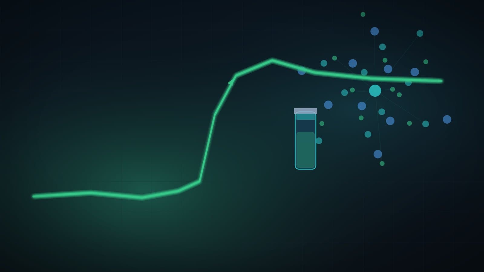 An abstract visualization of a sharply rising stock chart over vaccine-vial and molecular motifs in blue and teal tones, representing Vaxcyte's surge after its 31-valent pneumococcal vaccine cleared a pivotal Phase 3 trial.