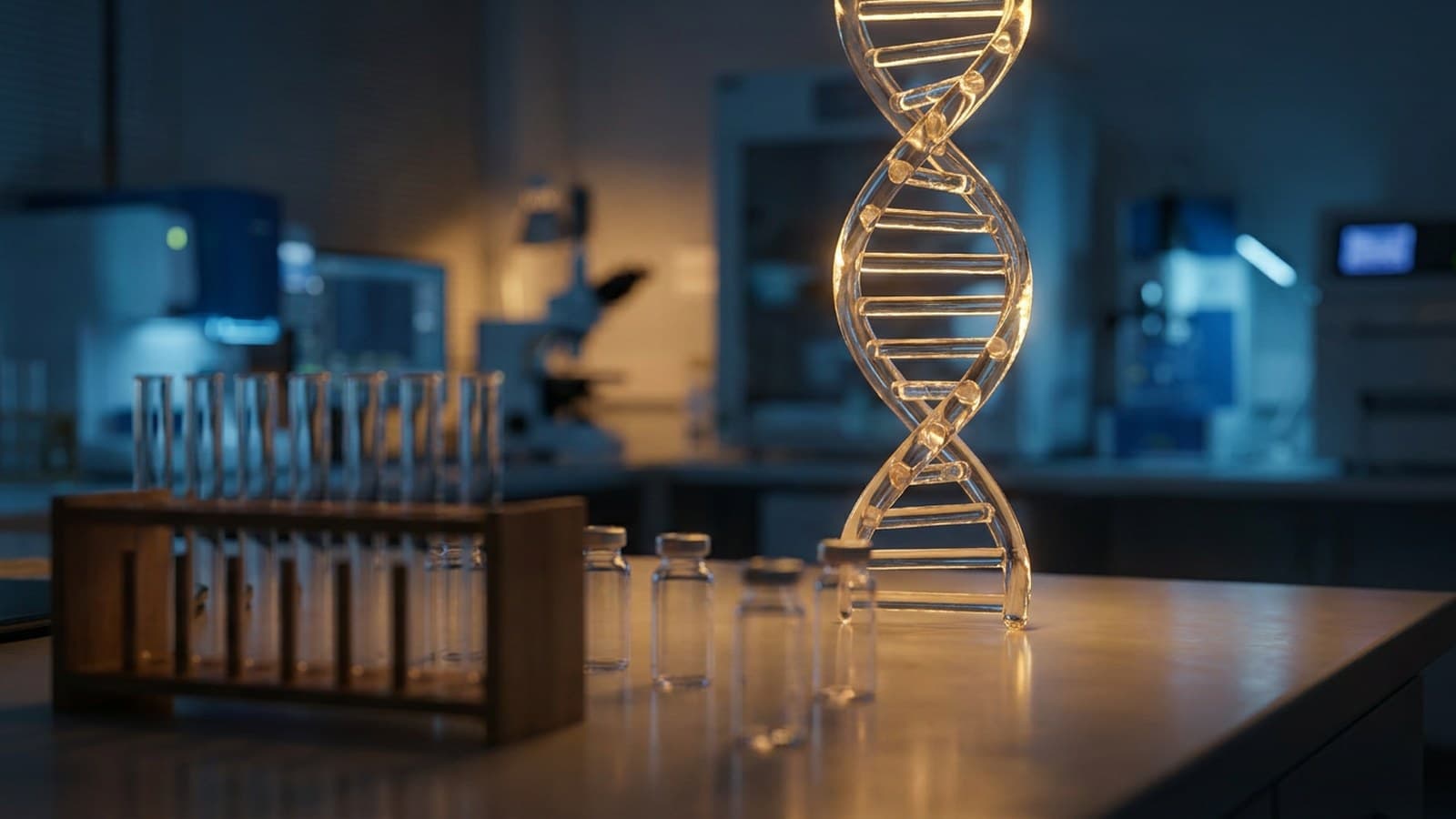 A softly lit pharmaceutical research laboratory with glass vials, a DNA double-helix model, and out-of-focus scientific instruments in the background