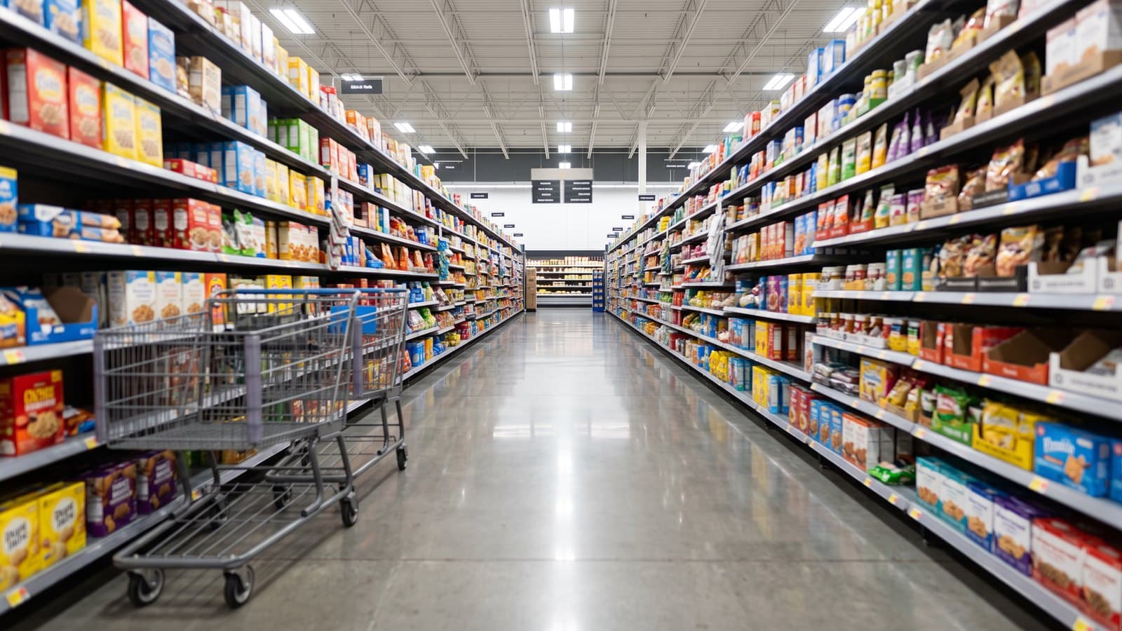 A wide, brightly lit big-box retail store aisle stocked with consumer goods, shopping carts in the foreground, representing Walmart's retail business and the U.S. consumer.