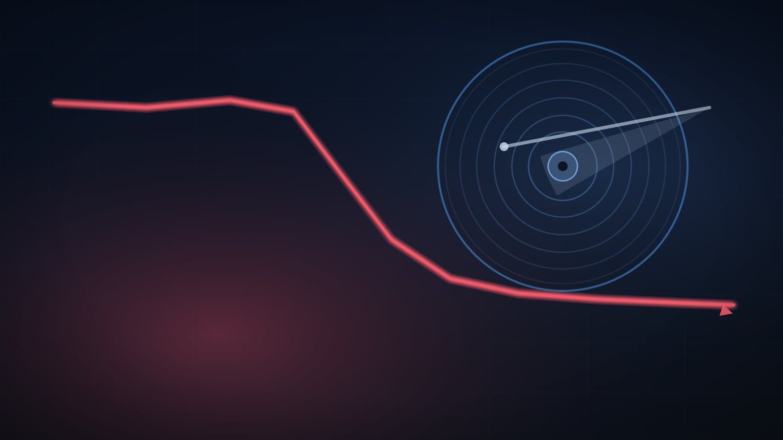 An abstract visualization of a declining stock chart over hard-disk-drive platters and data-storage motifs in cool blue and steel tones, representing Western Digital's drop on fears of new hard-drive supply.