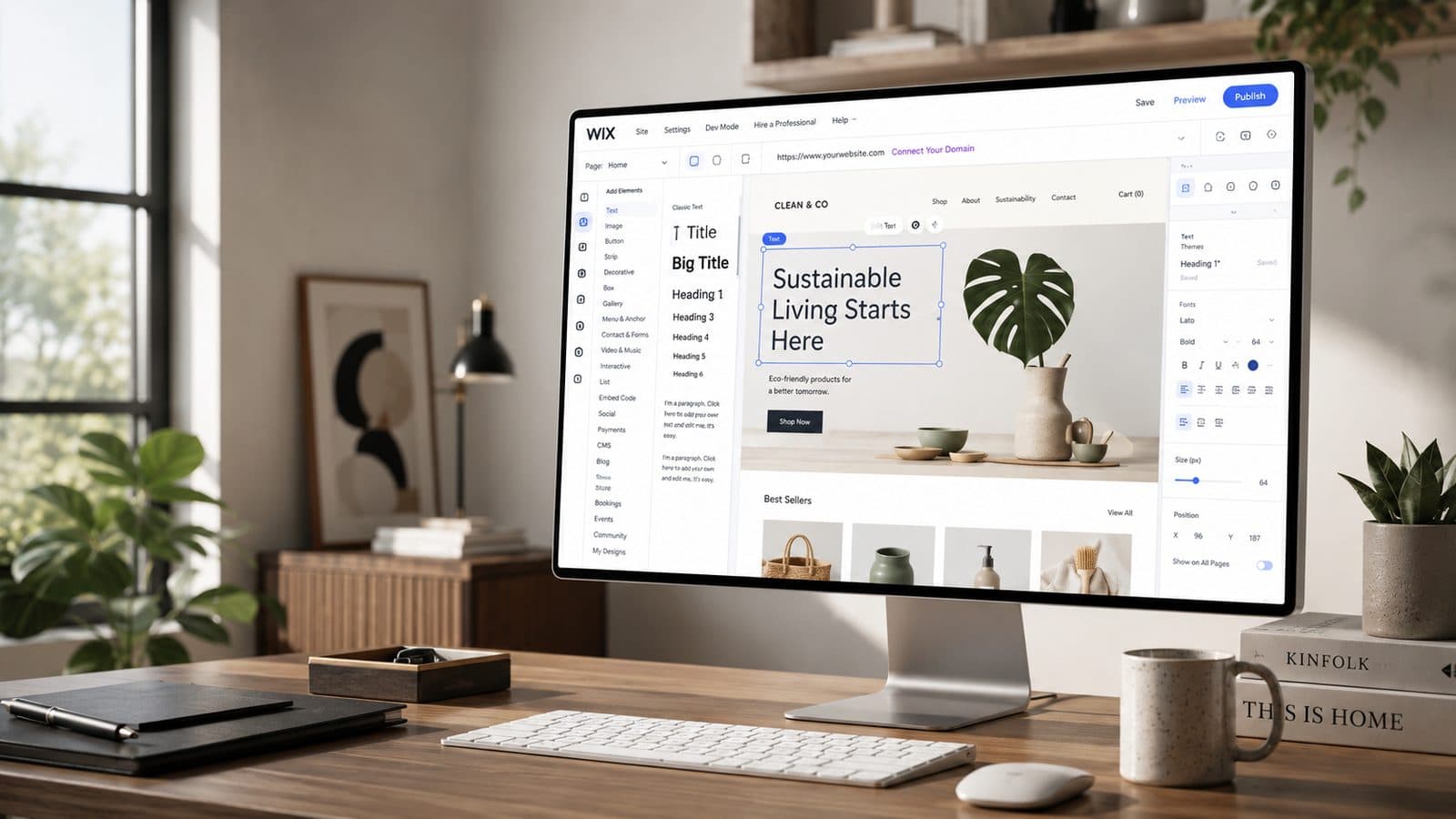 Illustration of the Wix website editor open on a desktop monitor, with a drag-and-drop page build for a small online store