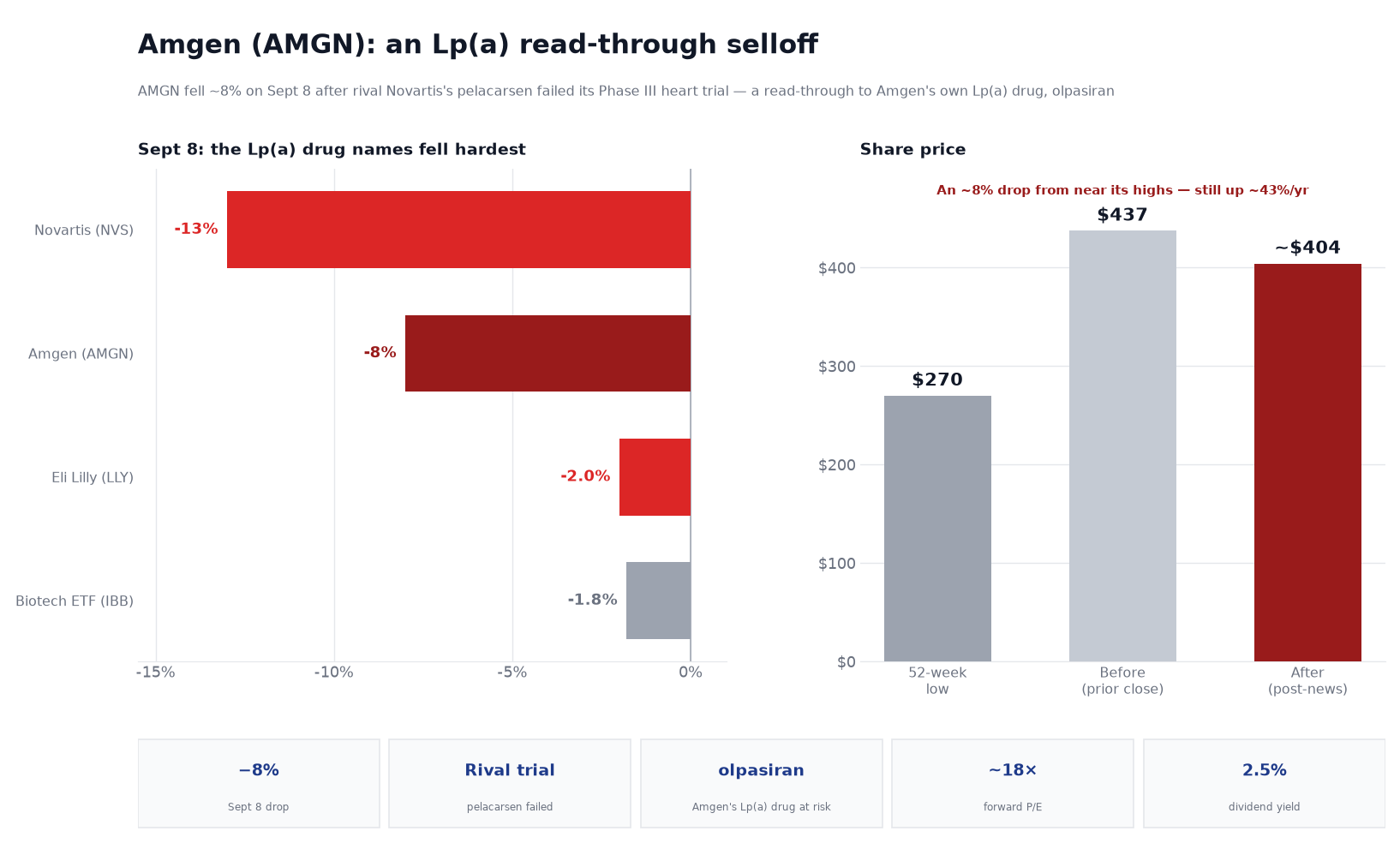 Two-panel chart titled 'Amgen (AMGN): an Lp(a) read-through selloff.' The left panel shows September 8 stock moves: Novartis (NVS) down about 13%, Amgen down about 8%, Eli Lilly (LLY) down about 2%, and the biotech ETF (IBB) down about 1.8% — the companies developing Lp(a)-lowering drugs fell hardest while the broad biotech group was only mildly lower. The right panel shows Amgen's share price — a 52-week low of $270, a prior close of about $437, and a post-news price of about $404 — noting an approximately 8% drop from near its highs, with the stock still up about 43% over the year. A stat strip shows the 8% drop, the failed rival trial, Amgen's olpasiran drug at risk, a forward price-to-earnings ratio near 18, and a 2.5% dividend yield.