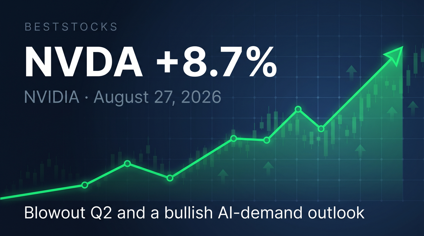 NVDA jumped 8.7% on August 27, 2026 after NVIDIA's record fiscal Q2 (revenue $96.2B, Data Center $89.0B) and a strong ~$108B Q3 guide plus a bullish ~70% FY2028 growth outlook.